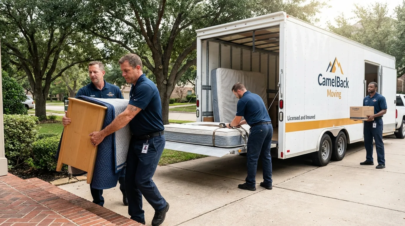 Crew loading residential truck for cross-state move from Whitewright, TX