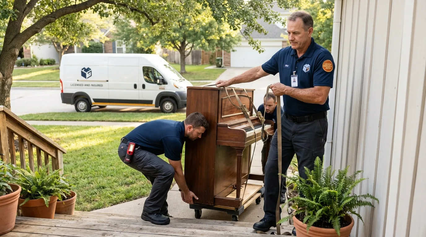 Licensed piano movers securing grand piano in Whitewright, TX