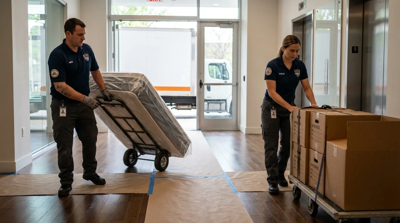 Professional apartment movers loading elevator in Whitewright, TX